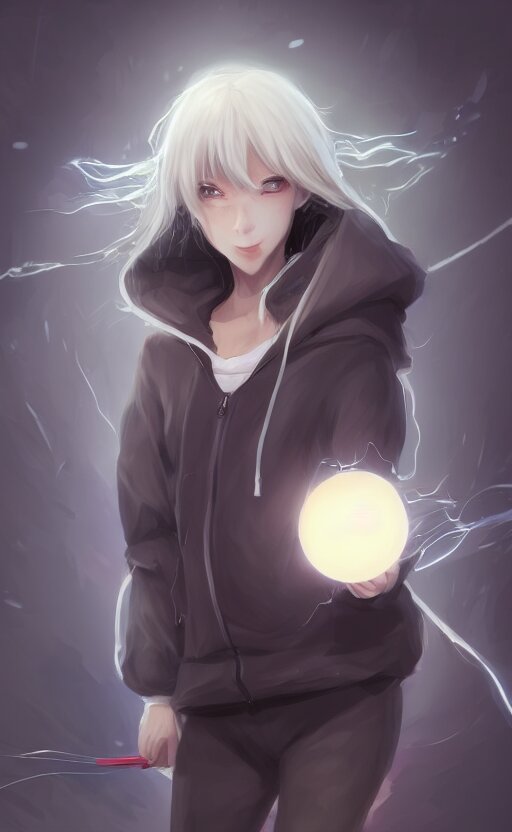 anime girl with wavy white hair in a hoodie holding an electric ball, WLOP, concept art, digital painting, trending on artstation, highly detailed, epic composition, 8k UHD