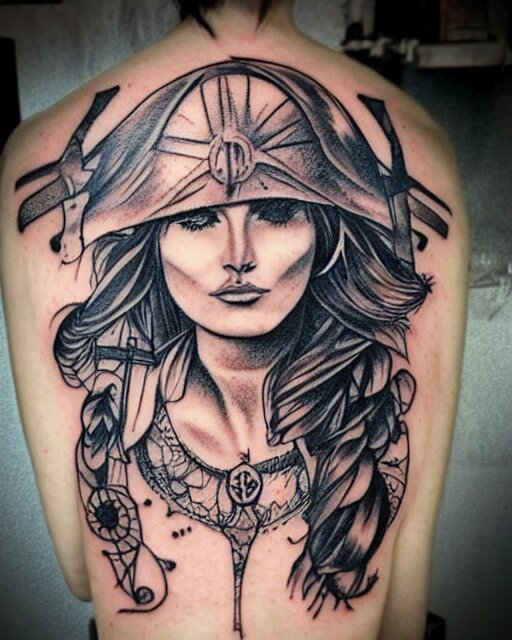 A beautiful woman warrior faded on a background of a beautiful pirate ship, realism tattoo drawing, hyper realistic, shaded