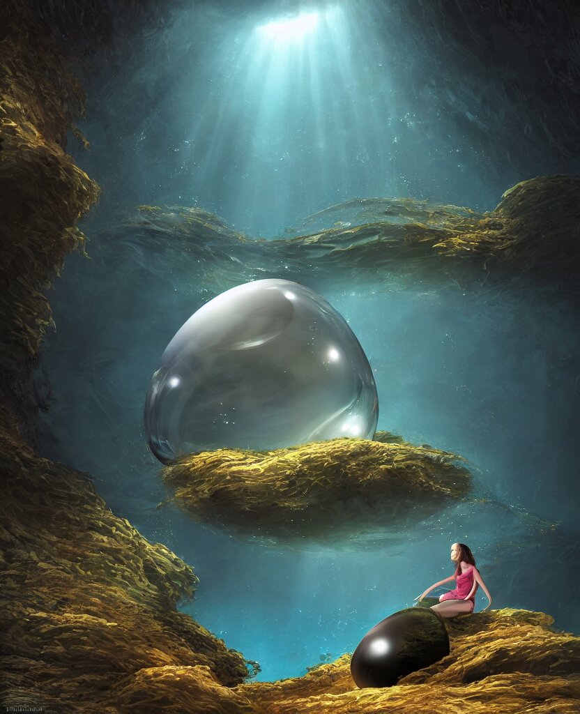 a girl sitting in a large glass egg - shaped submersible, surrounded by a deep exotic underwater canyon kelp forest, by noriyoshi ohrai, ron walotsky, ralph mcquarrie, soft natural volumetric lighting, realistic 4 k unreal engine 5 beautifully detailed render, 4 k post processing 