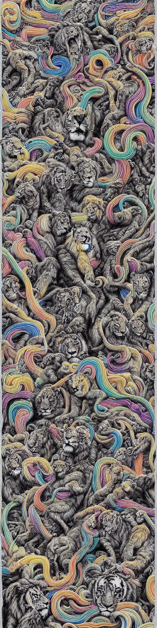 lions and tiger and bears dissolving into melted liquid braids, cubensis, aztec, basil wolverton, r crumb, hr giger, mc escher, dali, muted but vibrant colors, rainbow tubing, 