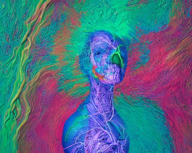 insides of a human head explode outward as a huge mass of coloured powder, hyperrealistic, medical photography, anatomically correct, realistic textures, 8 k, art by lee griggs, 