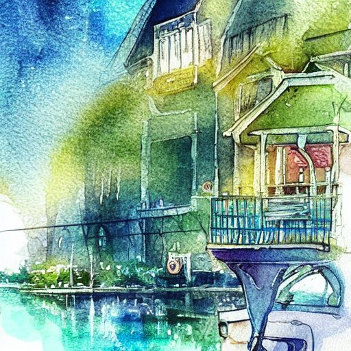 Beautiful happy picturesque charming sci-fi town in harmony with nature. Beautiful light. Water and plants. Nice colour scheme, soft warm colour. Beautiful detailed artsy watercolor by Vincent. (2022)