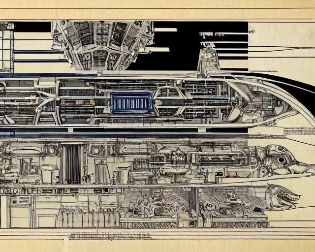 a full page of a mechanical blueprint showing the interior of gamera, with a big head, muted colors, post grunge, studio ghibli, hq, 