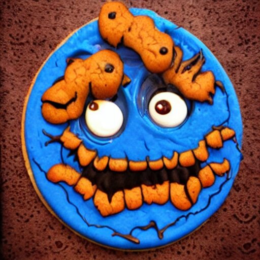 demonic cookie monster, evil, portrait, scary, creepy. detailed. realistic. 