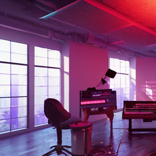 A screenshot of a Virtual Reality music studio, living room vibe, Paris loft style, red velvet furniture, light rays coming out of the windows, raytracing, highly detailed, futuristic, unreal engine 5, photoscanned, photorealistic, 