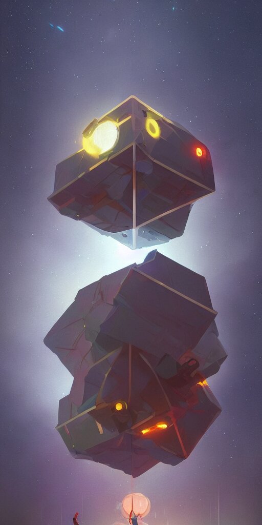 greg rutkowski, beeple, a painting by ralph mcquarrie of floating molecules and icosahedron with stars, clouds, and rainbows in the background, trending on artstation, masterpiece, incredible details 