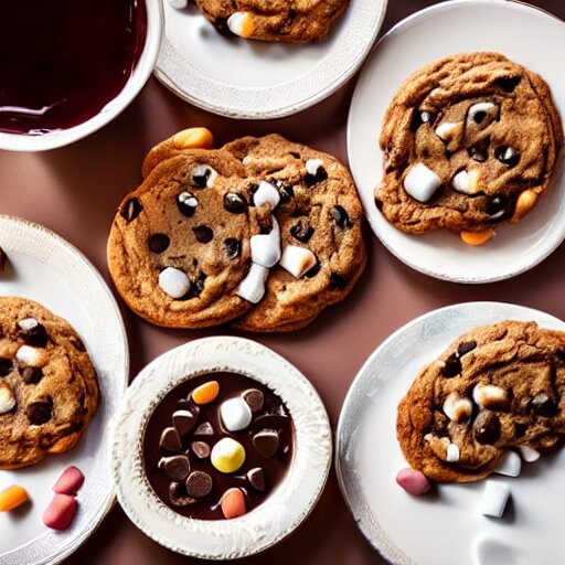 opulent banquet of plates of freshly baked chocolate chip cookies, jelly beans, chocolate sauce, marshmallows, highly detailed, food photography, art by rembrandt 