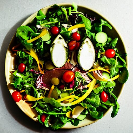 a plate of food made of salad and alien, award winning photographer, food photography 