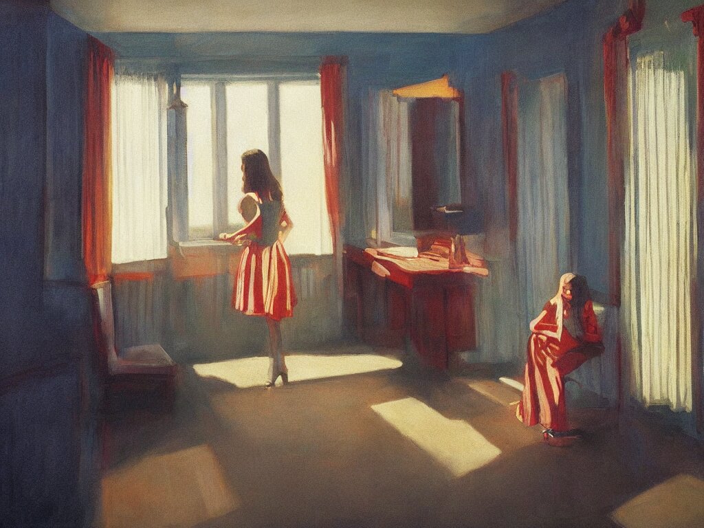 lone girl waiting inside a room, 7 0 s, stanley kubrick the shinning, american gothic, vibrant colors americana, cinematic, volumetric lighting, ultra wide angle view, realistic, detailed painting in the style of edward hopper and rene magritte 