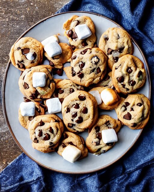 plate full of several freshly baked chocolate chip cookies, delicious, glistening, chocolate sauce, marshmallows, highly detailed, food photography, art by rembrandt 