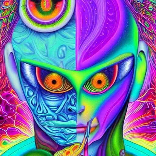 a digital painting close shot of an alien pondering into your soul, green trees in the background, alex grey, lisa frank, colorful, vibrant,