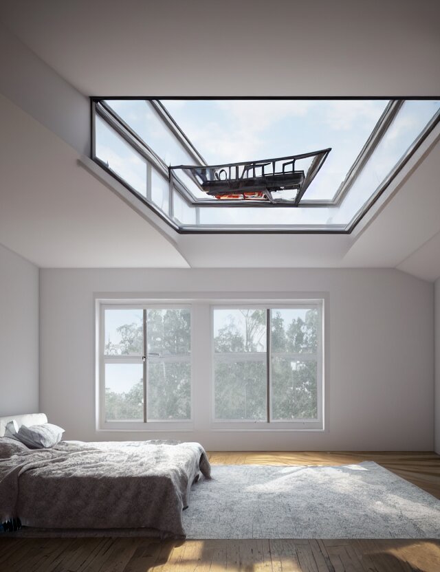 an ultra wide angle photo of a bed hovering above the floor in the middle of a giant tesselating bedroom with windows opening to other worlds by casey weldon!!!! and lee madgewick and m. c. escher, photorealistic, octane render, recursive!!!!, flowing, cascading, multiverse!!!!!!, labyrinthine 