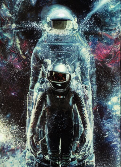 astronaut in dark void underwater - complex and hyperdetailed technical suit design. reflection and dispersion materials. rays and dispersion of light. volumetric light. f / 3 2. noise film photo. flash photography. ultra realistic, 5 0 mm. poster by wayne barlowe, hajime sorayama aaron horkey, craig mullins 