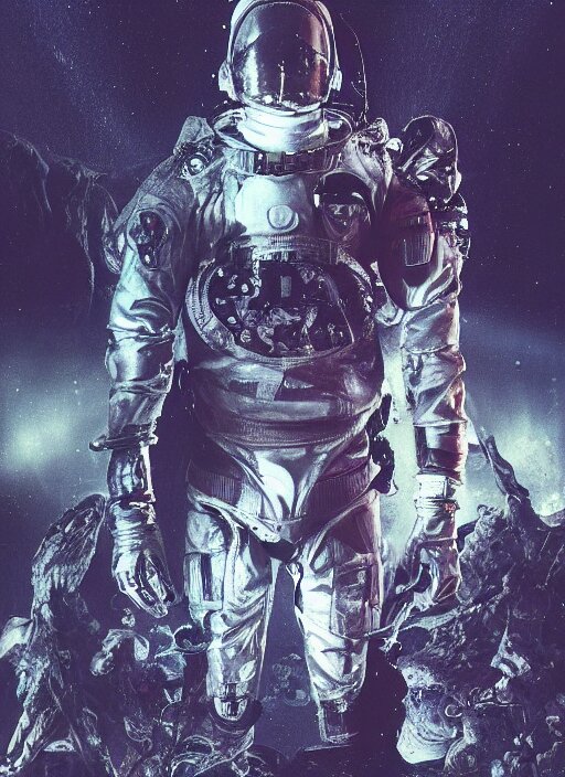 astronauts in dark void underwater - complex and hyperdetailed technical suit. reflection and dispersion materials. rays and dispersion of light. volumetric light. f / 3 2. noise film photo. flash photography. ultra realistic, wide angle. poster by wayne barlowe, hajime sorayama aaron horkey, craig mullins 