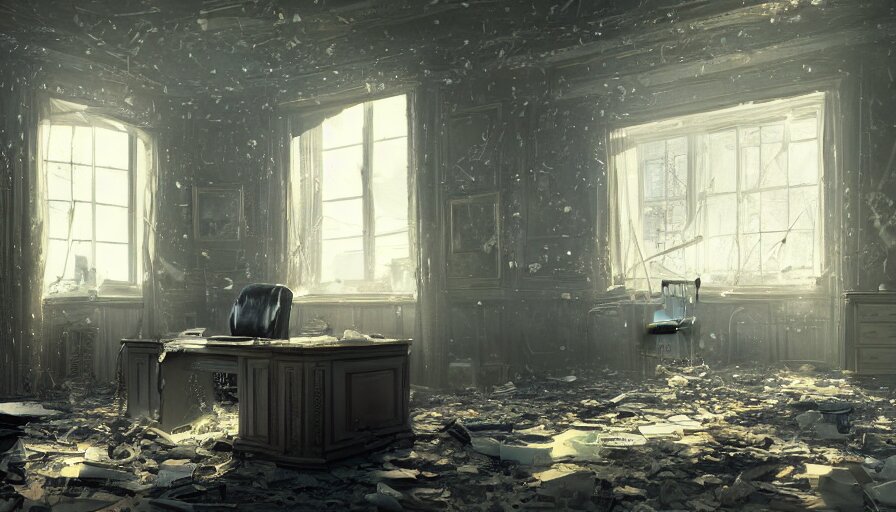 abandoned dusty oval office with lights through broken windows, hyperdetailed, artstation, cgsociety, 8 k 