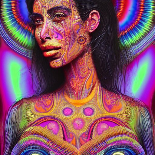 an extremely psychedelic portrait of kim kardashian, surreal, lsd, face, detailed, intricate, elegant, lithe, highly detailed, digital oth, sharp focus, illustration, 