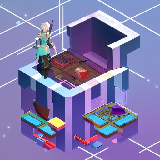 isometric treasure chest, futuristic, mirror's edge + nier automata