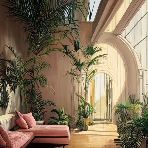 indoor liminal space, golden light, greg rutkowski, palm trees, pink door, minimalistic, hyperrealistic surrealism, award winning masterpiece with incredible details, epic stunning, infinity pool mirrors, a surreal vaporwave liminal space with mirrors, highly detailed, trending on artstation, artgerm and greg rutkowski and alphonse mucha, daily deviation 