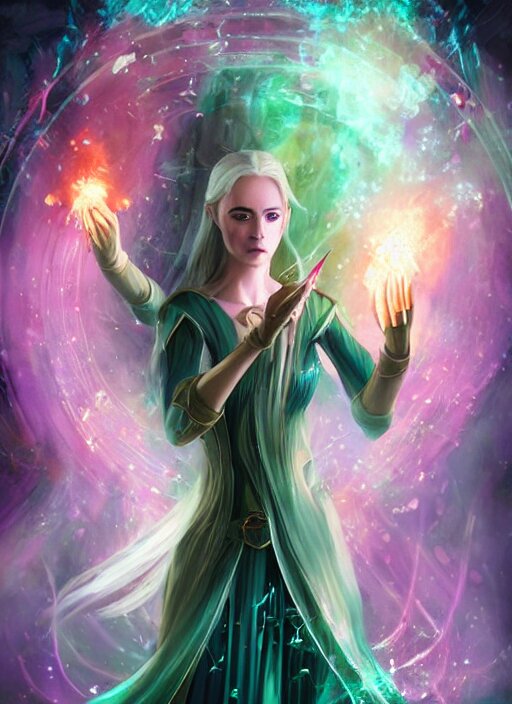 in the style of throne of glass book cover, whole body portrait of a young adult female magician casting a spell with fireballs in her hands, blue and green magic lights aura, a portal with elvish symbology opened, d & d, fantasy, highly detailed, digital art, trending on artstation, smooth, sharp focus, illustration, art by artgerm and hirokazu yokohara, greg rutkowski 