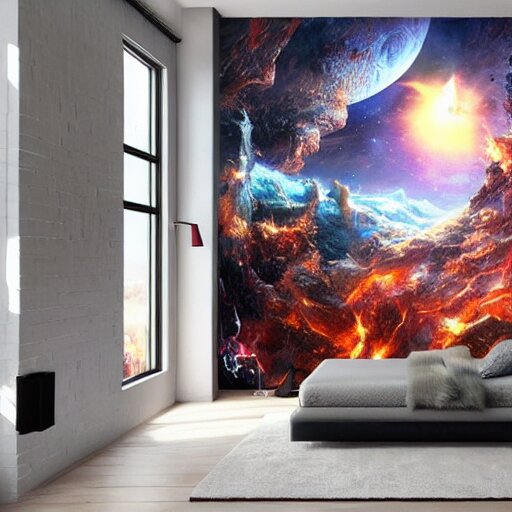 a cozy bedroom interior with wall murals of incredible fantasy space art, detailed, high resolution, wow!, intricate, volumetric lighting, raytracing 