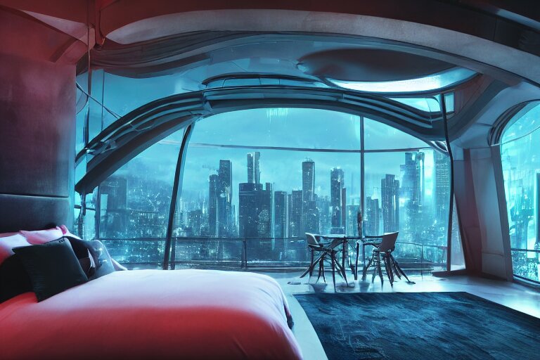 a futuristic bedroom with large curved ceiling high windows looking out to a far future cyberpunk cityscape, cyberpunk neon lights, raining, scifi