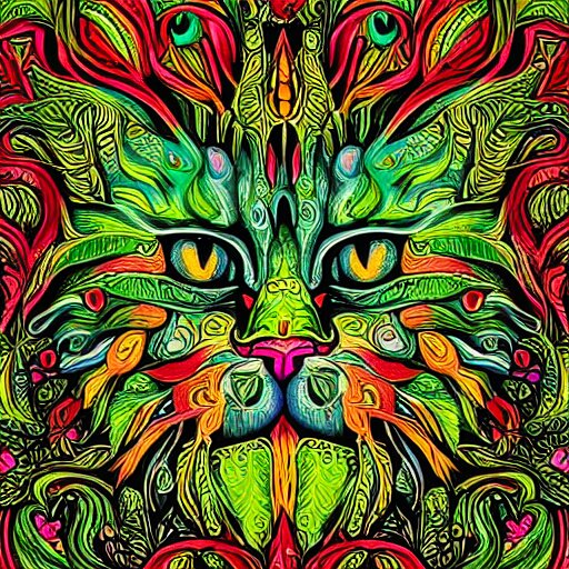 colourful ornate decorative green man as a cat face by louis wain and william morris, closeup, twisting leaves, abstract psychedelic, 8 k, artstation 