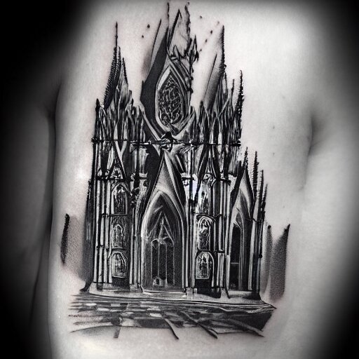 tattoo of a gothic cathedral. Black and white, 4k, photorealistic, artstation