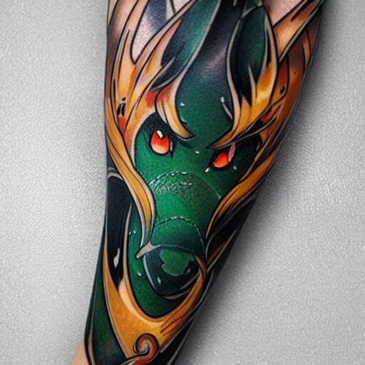 simple anime manga full color dragon!! Emerald and obsidian dragon, forearm tattoo, tattoo