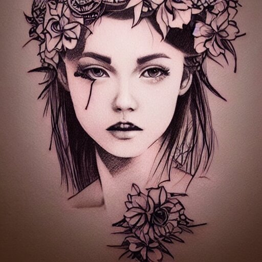 tattoo design, stencil, traditional, beautiful portrait of a girl with flowers in her hair by artgerm, artgerm, digital art