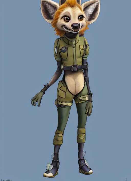 digital detailed full body of anthromorphic female hyena, in style of zootopia, zootopia, zootopia, fursona, furry, furaffinity, 4 k, deviantart, furry art, fursona art, wearing astronaut outfit, in style of zootopia, hyena fursona, cyberpunk, female, detailed feminine face, 