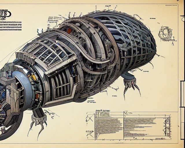 a full page of a mechanical blueprint showing a design for a mechanized sloth from howl's moving castle ( 2 0 0 4 ), with a big head, muted colors, post grunge, studio ghibli, hq, 