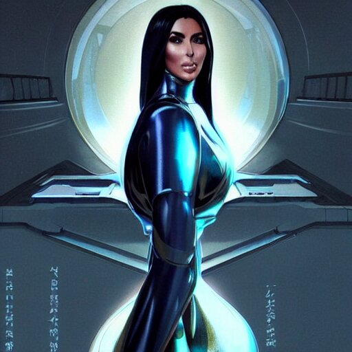 full body long shot of kim kardashian in a futuristic kimono, unreleased character concept art from cyberpunk 2 0 7 7, intricate, elegant, highly detailed, digital painting, artstation, concept art, smooth, sharp focus, illustration, art by artgerm and greg rutkowski and alphonse mucha 