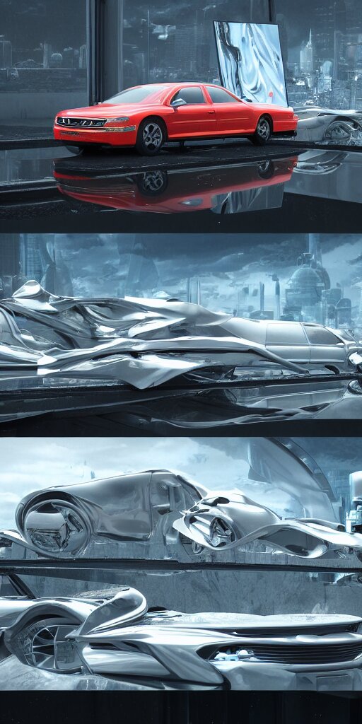 sci-fi 3d organic car and wall structure car, in the coronation of napoleon painting, and digital billboard in the middle. octane render pinterest, keyshot product render, water reflections gloss shiny in luquid