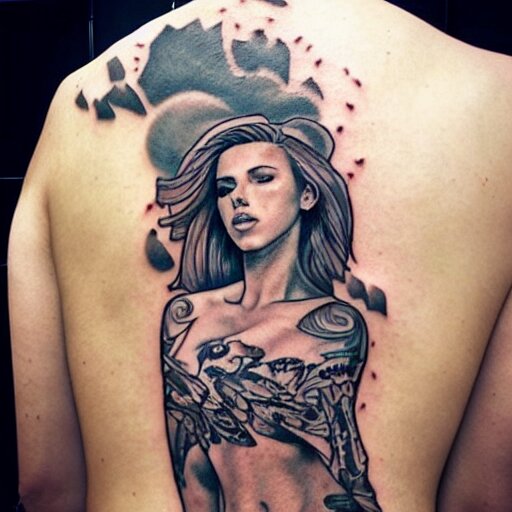 tattoo of Scarlett Johansson, sketched by Loish, back tattoo