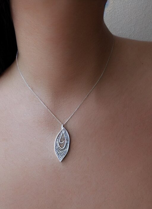 Amulet Of Wave inlaid in silver on a young beautiful woman neck, realistic, clean,