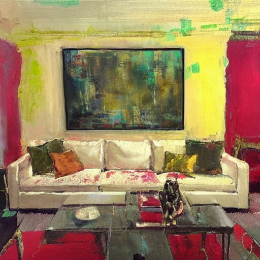 a modern living room with green sofa, red carpet and yellow table, painting by jeremy mann 