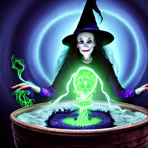 a portrait of a scary ugly witch that is brewing a wicked potion in her cauldron that is marked with magical symbol that are glowing, highly detailed, digital photo, hdri, by christopher bretz and john carpenter, vivid colors, high contrast, 8 k resolution, intricate, photorealistic, smooth, psychedelic color scheme, concept art, award winning, cg society contest winner 