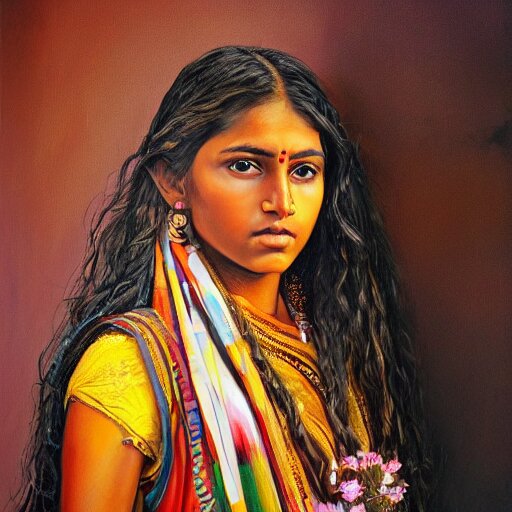 stunning, breathtaking, awe - inspiring award - winning concept art portrait painting by steve mccurry of a beautiful young hindu woman warrior with short, wavy hair, wearing a colorful sari 