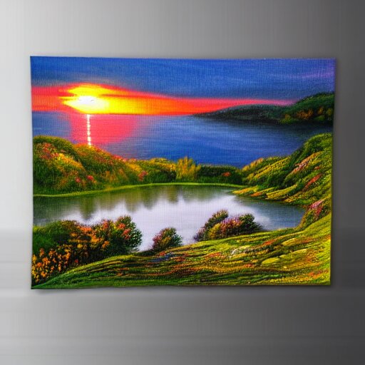 a landscape with a lake in the mountain. sunset. cottage. acrylic painting. 4 k. very detailed. trandint on artstation. masterpiece. shadows. 