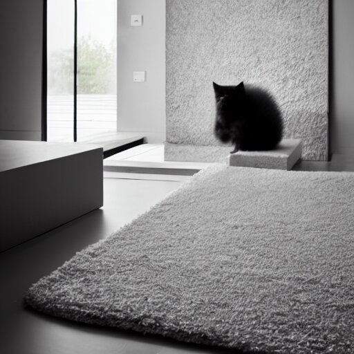 modern minimalist interior design with a fluffy kitten 