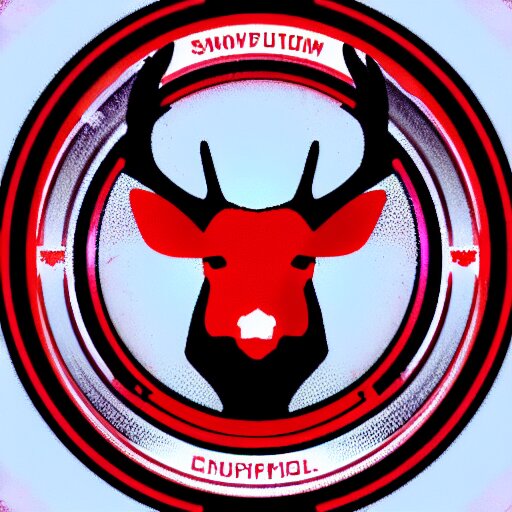 logo for evil corporation that involves deer, retro synthwave style, retro sci fi 