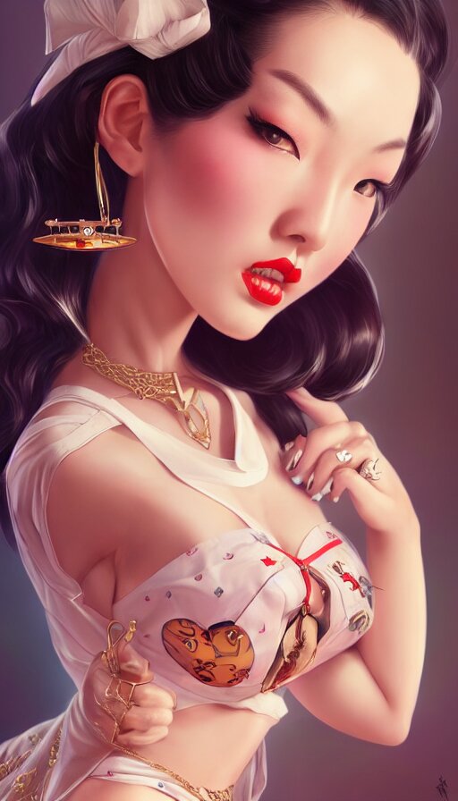 a pin up and beautiful fashion and charming and dreamlke asian girl with lv jewelry, medium shot, art by artgerm & ross tran & wlop, hyperdetailed, 8 k realistic, symmetrical, frostbite 3 engine, cryengine, dof, trending on artstation, digital art 