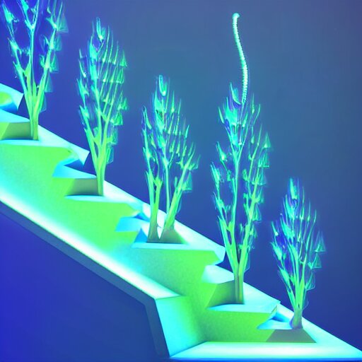 mobile game asset, isometric staircase, crystals, organic low poly design, bioluminescent alien - like plants inspired by the pandora aesthetic avatar's alien nature. we can see alien plants glowing in the dark arround the isometric itens in dark place cyan, orange smooth glow night photoshop filter low poly behance hd 