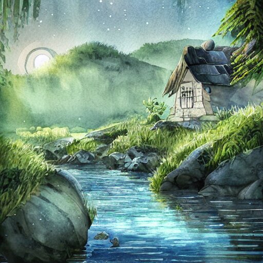 beautiful happy picturesque charming sci - fi organic homes in a beautiful natural scene. water, trees and rocks. beautiful light. grainy and rough. soft colour scheme. beautiful artistic detailed watercolor by lurid. ( 2 0 2 2 ) 