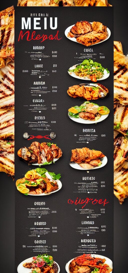 a very high image of a graphic menu for a grill house, graphic, template, design, cool, grill, food photography, no text 