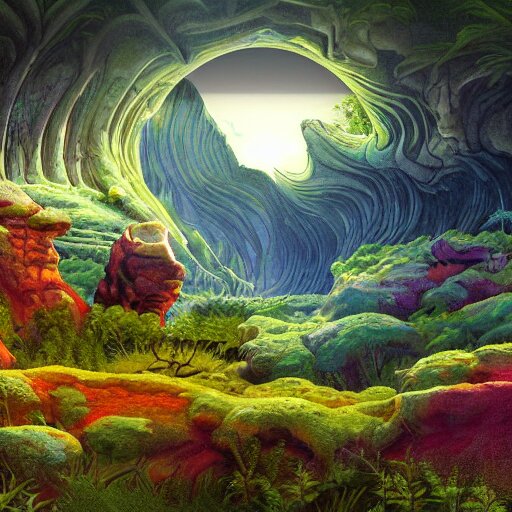 digital painting of a lush natural scene on an alien planet by gerald brom. digital render. detailed. beautiful landscape. colourful weird vegetation. cliffs and water. 