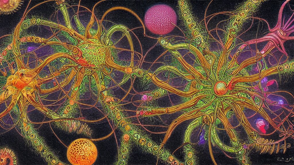 quantum connections represented as symbiotic organisms like cells playing around with colorful lights by ernst haeckel, smooth, sharp, realistic 