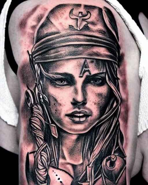 A beautiful woman warrior faded on a background of a beautiful pirate ship, realism tattoo drawing, hyper realistic, shaded