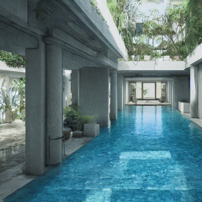 a room with a pool in the middle of it, a digital rendering by ricardo bofill, featured on cg society, hypermodernism, vray tracing, rendered in unreal engine, liminal space 