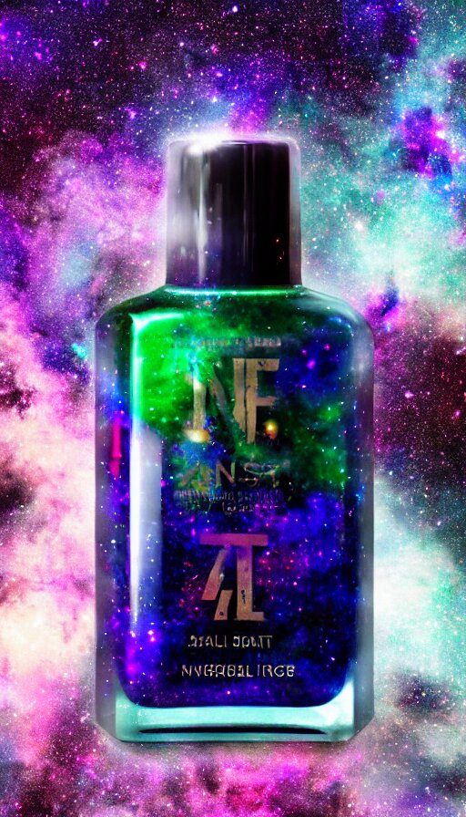 a beautiful bottle of nail polish filled with forest green small galaxy's and nebulas and blue sparkles, insane, intricate, highly detailed, Zeiss Lens, smooth, sharp focus, Unreal Engine 5, Octane Render, Redshift, 8K